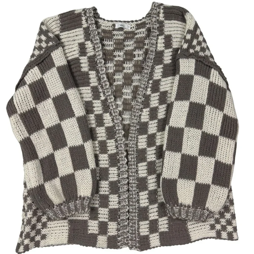 1X Talulah Check Cardigan Sweater Oversize Balloon Sleeve Taupe Cream Boutique - Picture 4 of 9